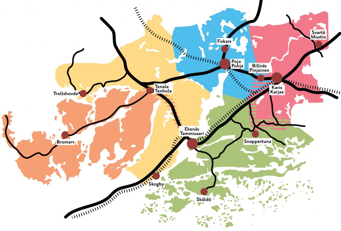 Raaseporin kyläbussikokeilun reittikartta.