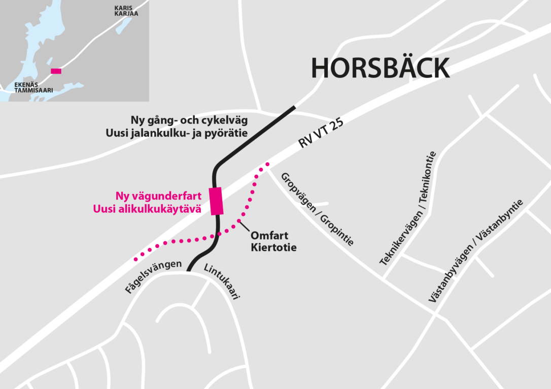 Kartta Horsbäckin alikulkutunnelin työmaa-alueesta