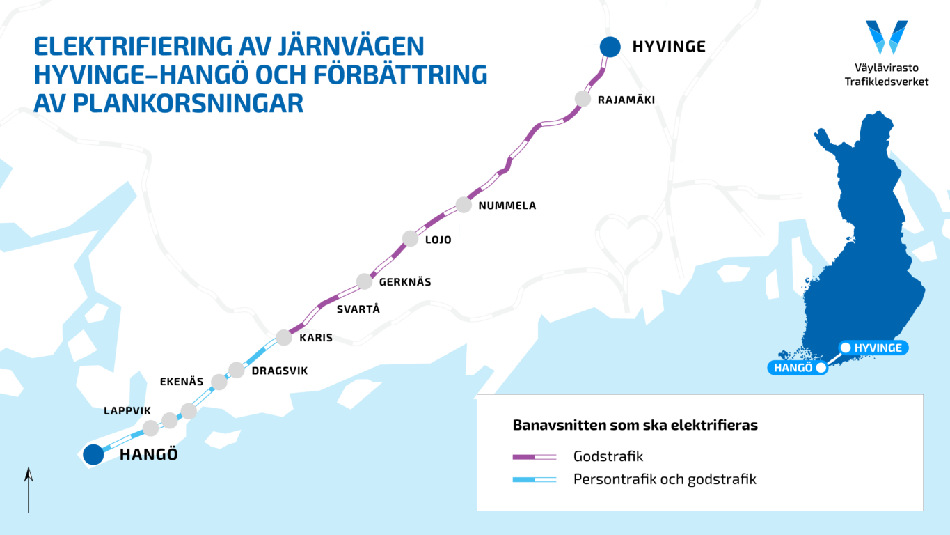 Karta över Hangö-Hyvinge-banan.