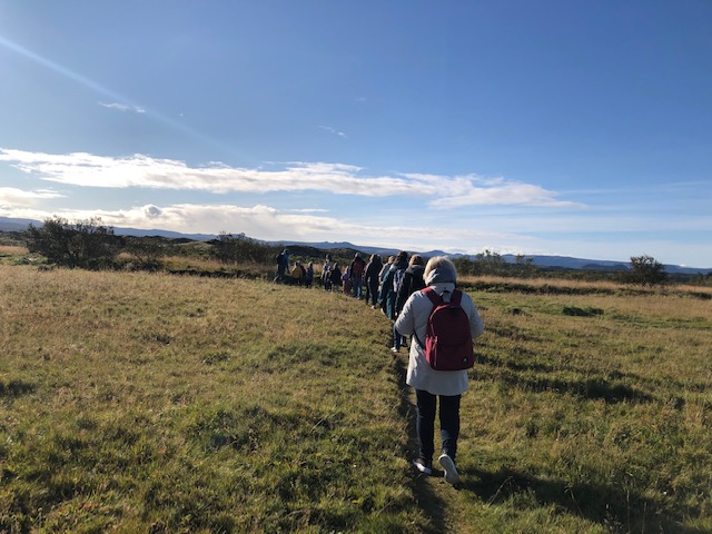 Flera personer som går i köformation på en öppen plats i naturen.