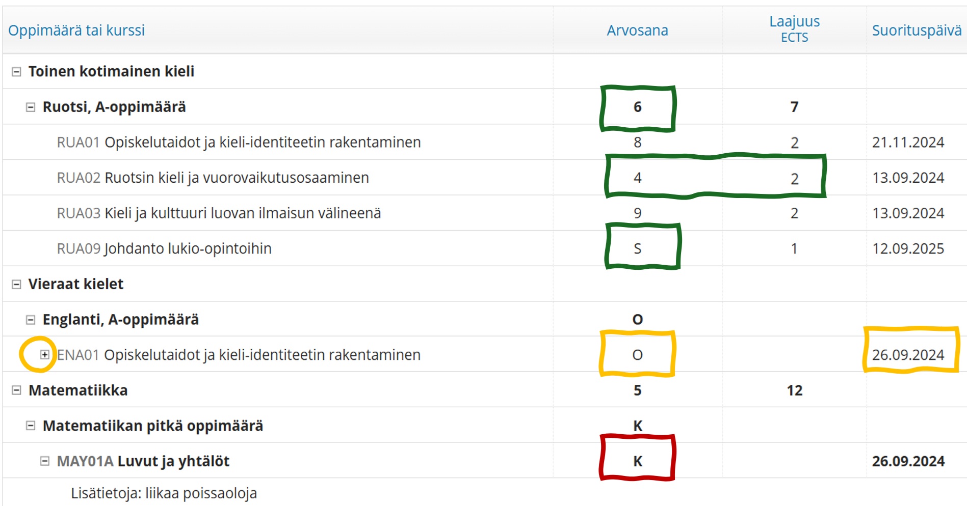 Kuvitteellisen opiskelijan suoritukset Wilmassa.