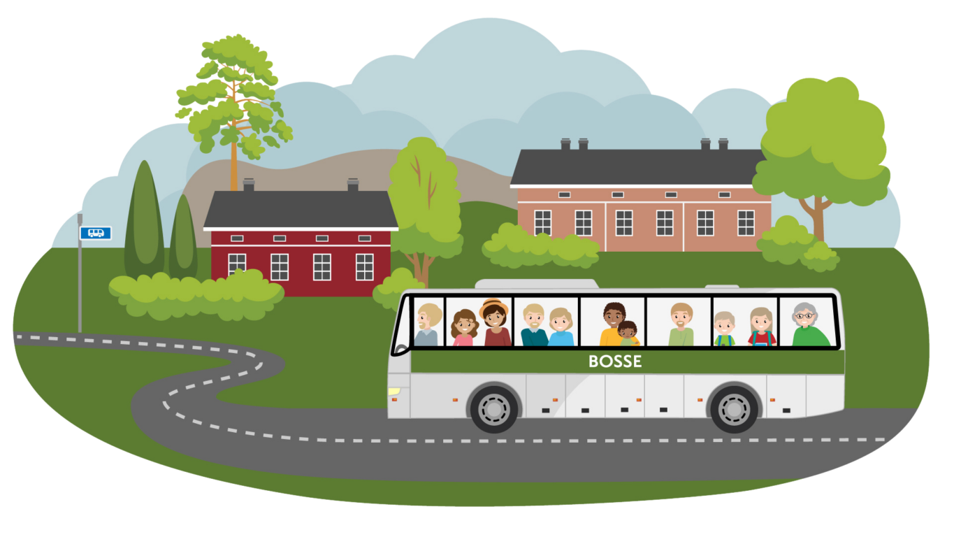 Illustration av buss på sommaren - kuvituskuva bussista kesällä