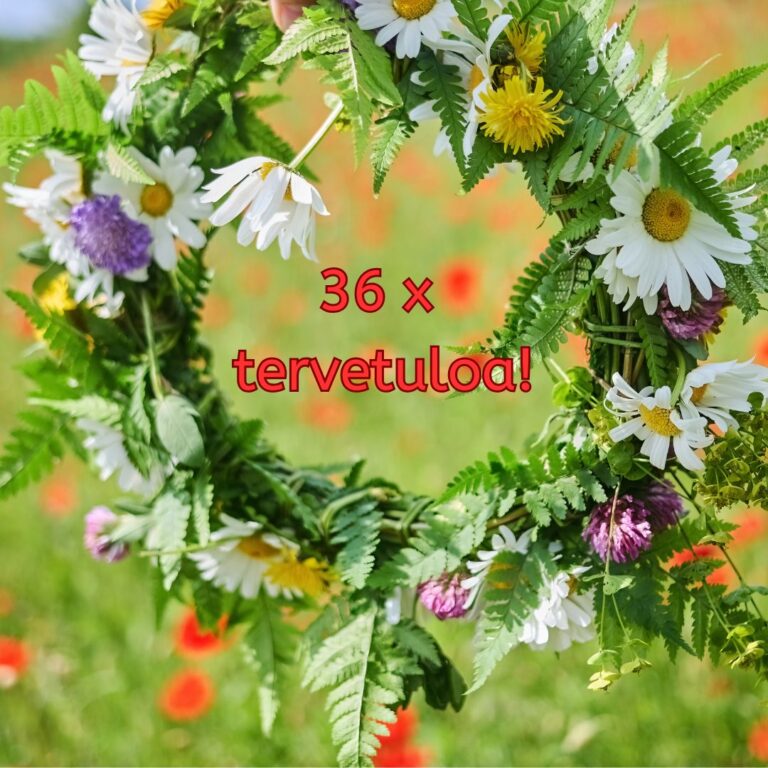 Kukkaseppele, jonka keskellä lukee "36 kertaa tervetuloa!"