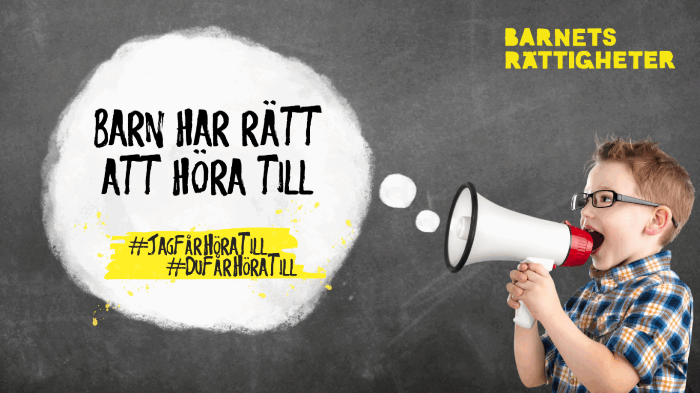 En pojke ropar i en megafon: Barn har rätt att höra till.