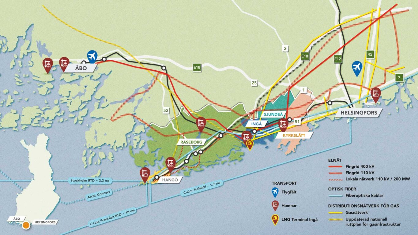 Viktig infrastruktur, förbindelser och trafik i Raseborgsregionen.