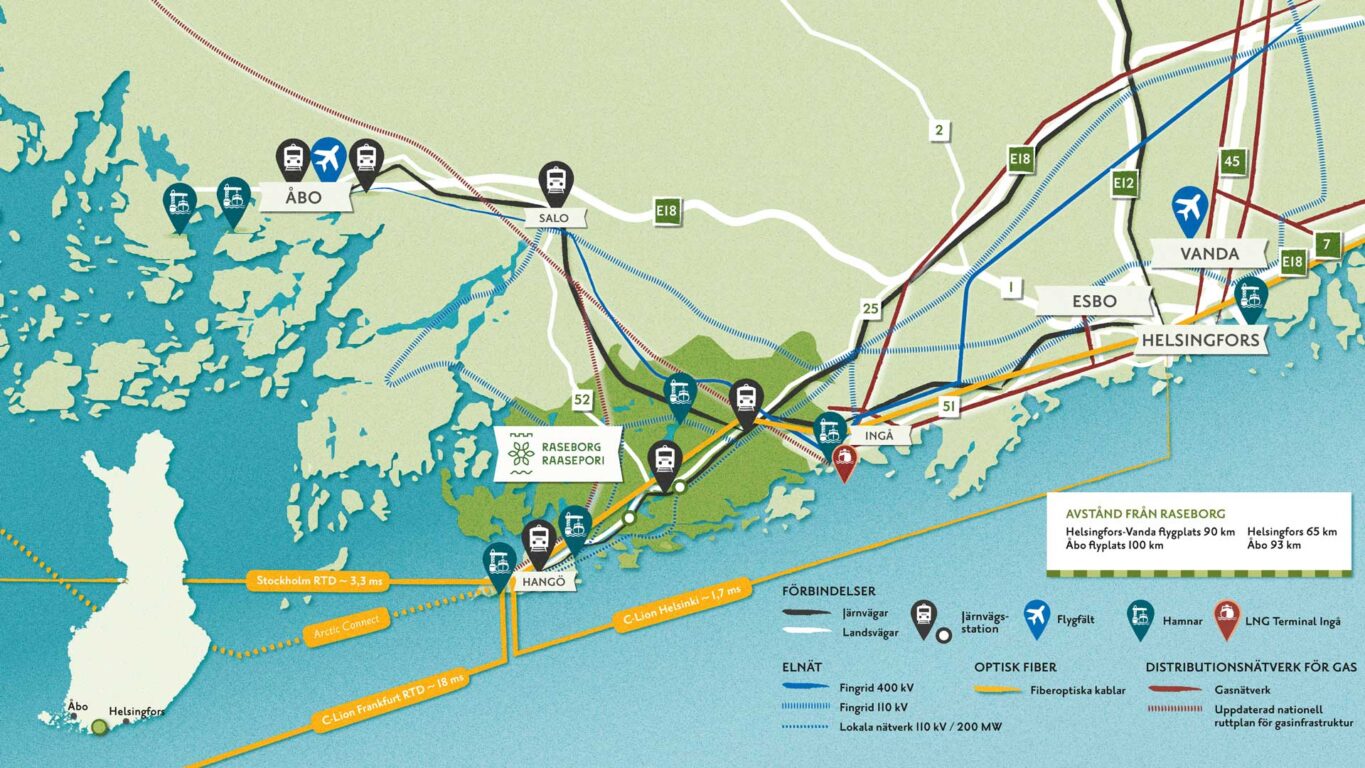 Viktig infrastruktur, förbindelser och trafik i Raseborgsregionen med trafikförbindelser, hamnar, elnät, optisk fiber samt distrubutionsnät för gas.