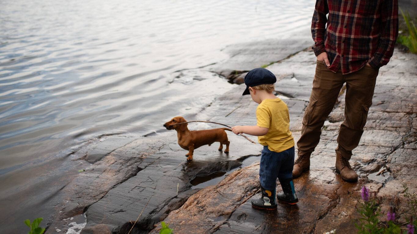 Foto av ett barn, men vuxen oxhh en hund på en strand.