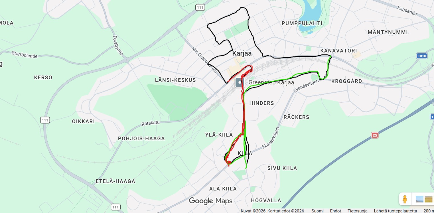 Kartta, jossa abien penkkarirekan reitti