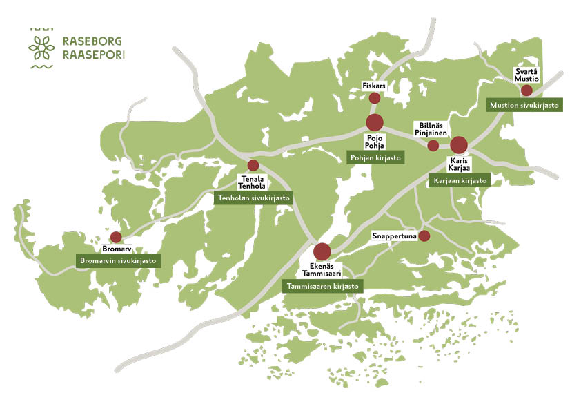 Kartta Raaseporin alueesta, jossa kaikki kuusi kirjastoa on sijoitettu alkaen Bromarvin sivukirjastosta vasemmalla (lännessä) Mustion sivukirjastoon oikealla (idässä).